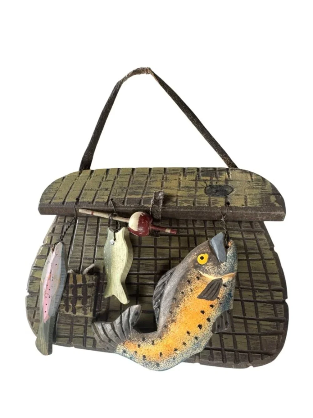 Vintage Fishing Basket Wall Decor With Fish & Tackle Accents Rustic Cabin Style